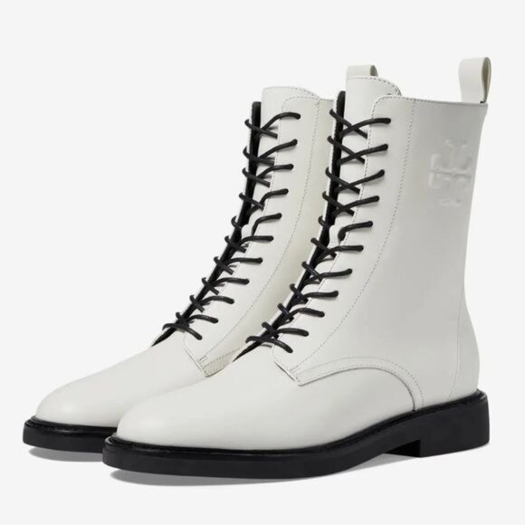 NWOB Tory Burch Double-T Croc Embossed Combat Boot in Blanc Size 7.5 - Picture 1 of 15